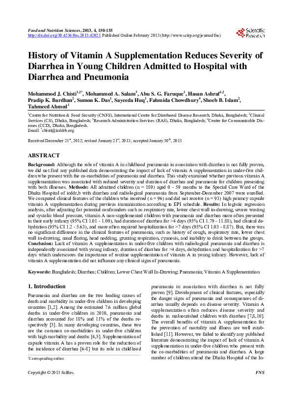 (PDF) History of Vitamin A Supplementation Reduces Severity of Diarrhea ...