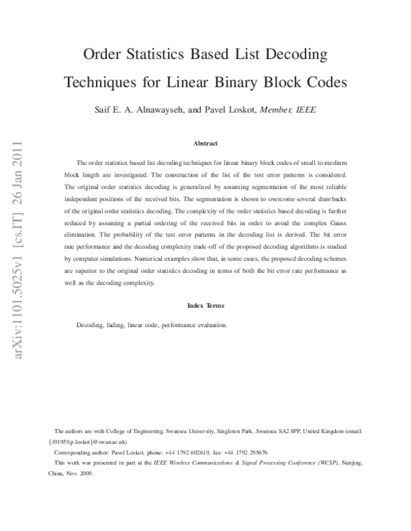 (PDF) Order Statistics Based List Decoding Techniques for Linear Binary ...