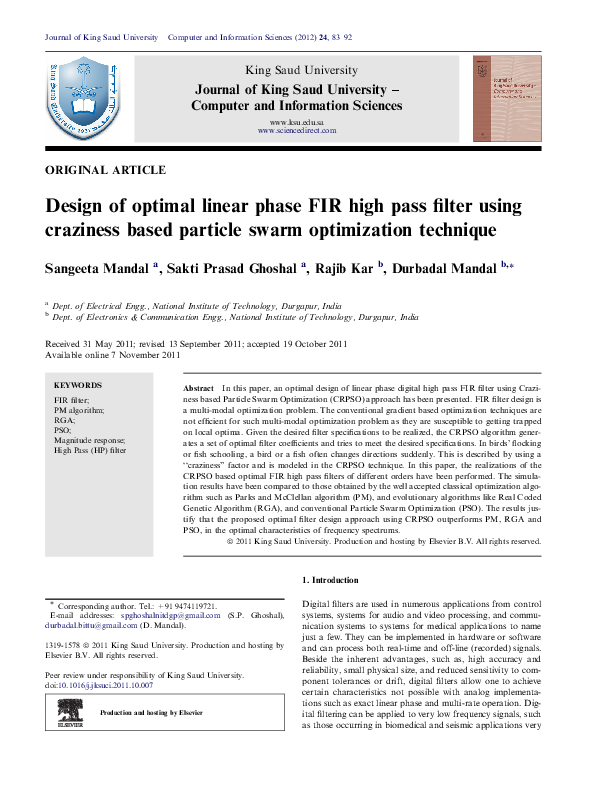 (PDF) Design of optimal linear phase FIR high pass filter using ...