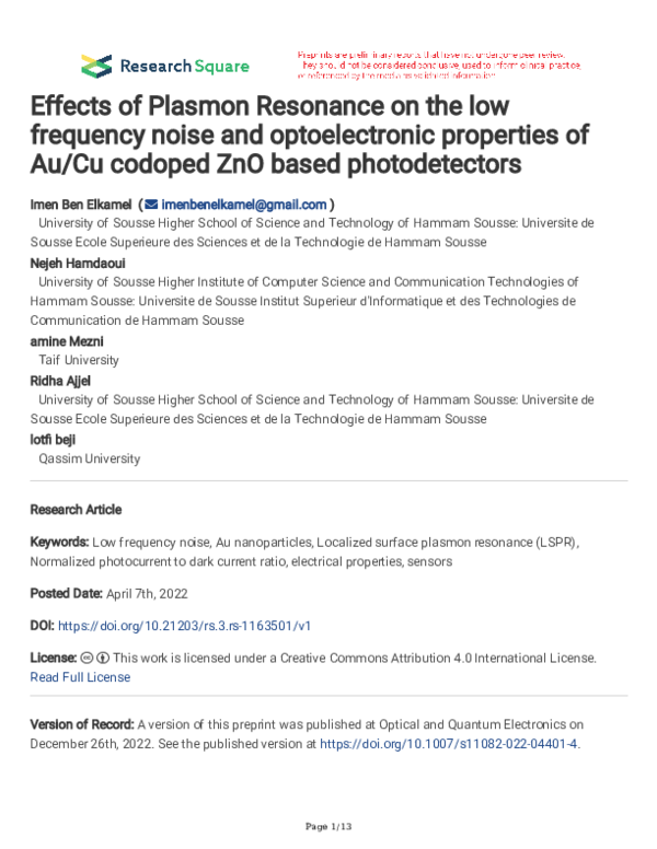 (PDF) Effects of plasmon resonance on the low frequency noise and ...