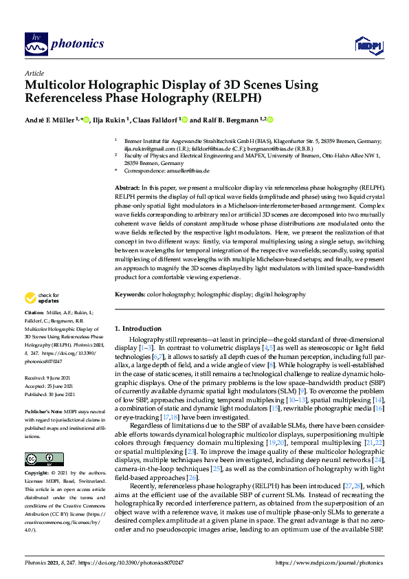 (PDF) Multicolor Holographic Display of 3D Scenes Using Referenceless ...