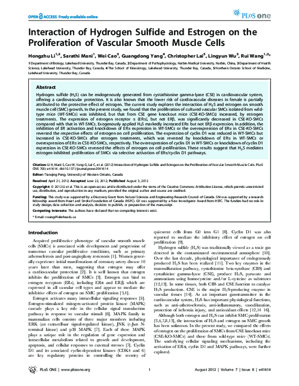 (PDF) Interaction of Hydrogen Sulfide and Estrogen on the Proliferation ...