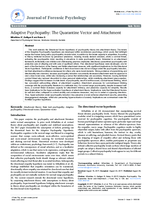 (PDF) Adaptive Psychopathy: The Quarantine Vector and Attachment