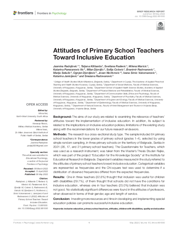 (PDF) Attitudes of Primary School Teachers Toward Inclusive Education