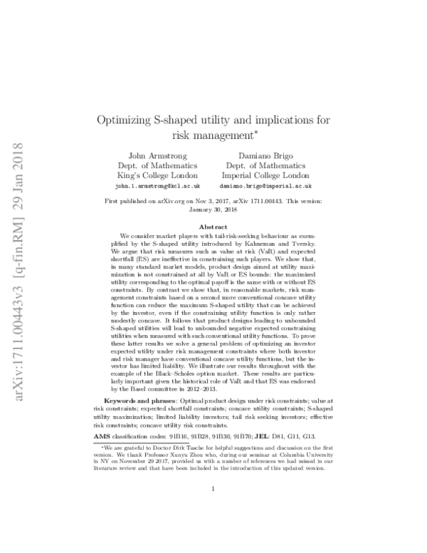 (PDF) Optimizing S-shaped utility and implications for risk management