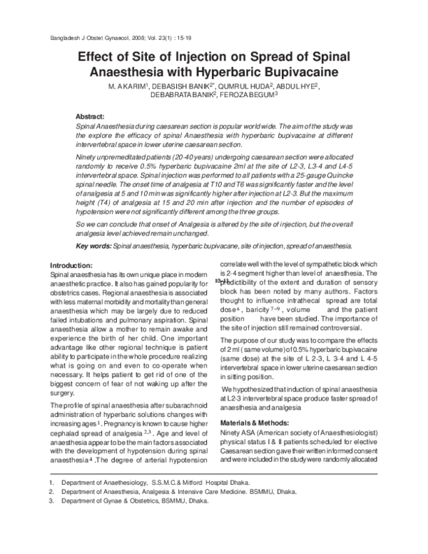 (PDF) Effect of Site of Injection on Spread of Spinal Anaesthesia with ...