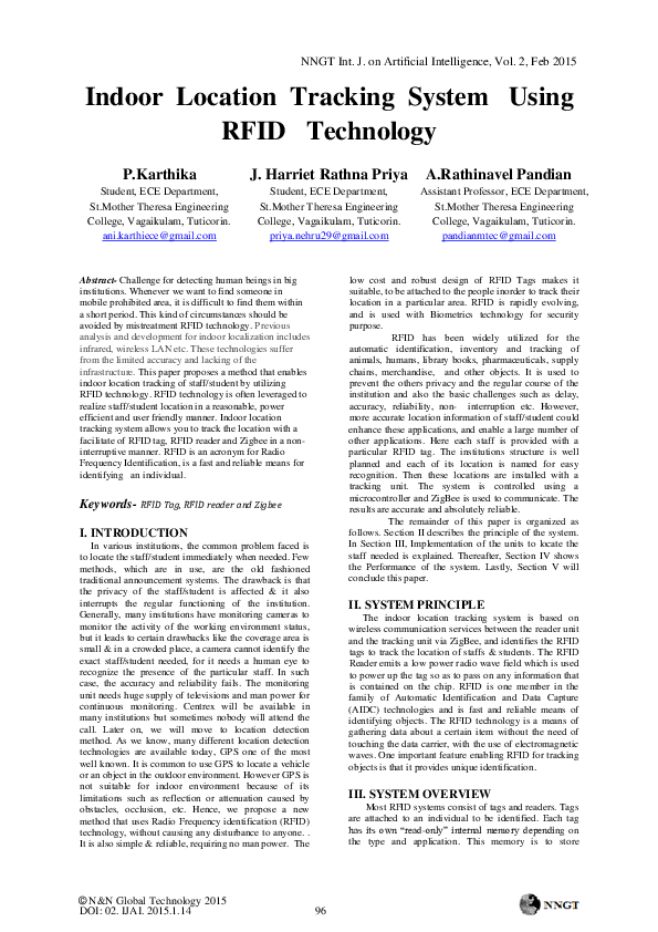 (PDF) Indoor Location Tracking System Using RFID Technology P.Karthika