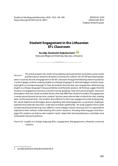 (PDF) Student Engagement in the Lithuanian EFL Classroom