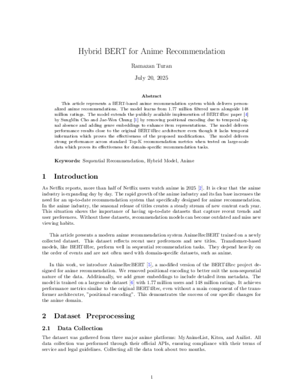 (PDF) Hybrid BERT for Anime Recommendation