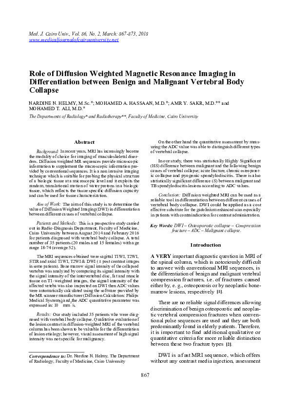 (PDF) Role of Diffusion Weighted Magnetic Resonance Imaging in ...