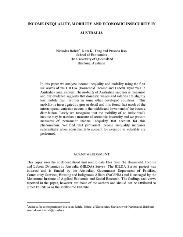 (PDF) Income Inequality, Mobilityy and Economic Insecurity in Australia