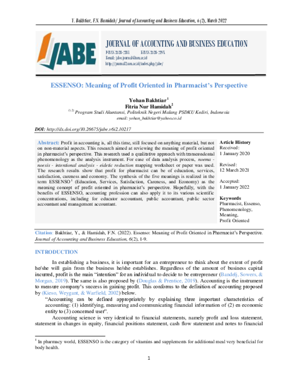 (PDF) ESSENSO: Meaning of Profit Oriented in Pharmacist’s Perspective