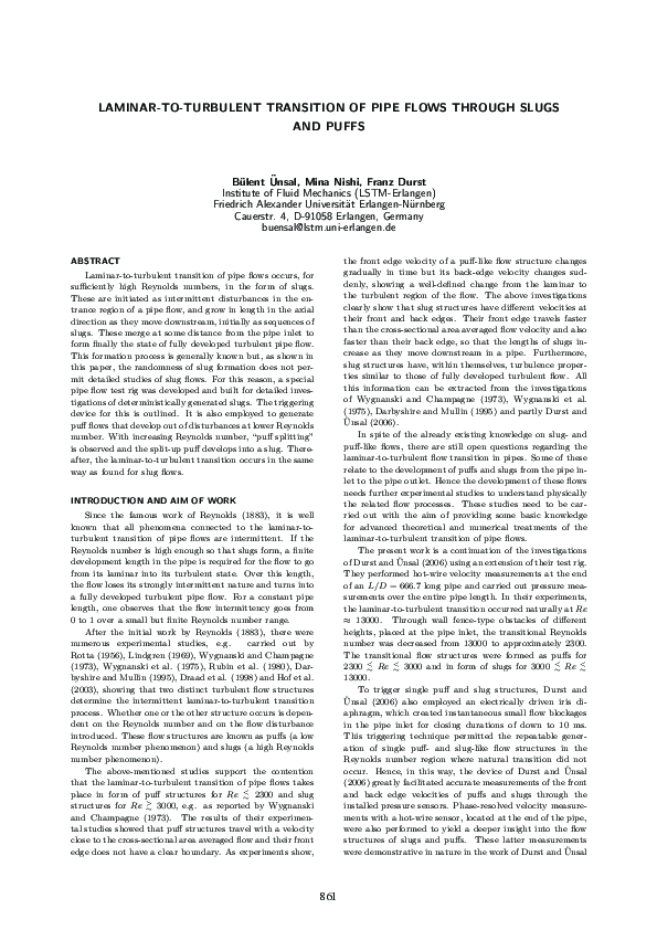 (PDF) Laminar-To-Turbulent Transition of Pipe Flows Through Slugs and Puffs