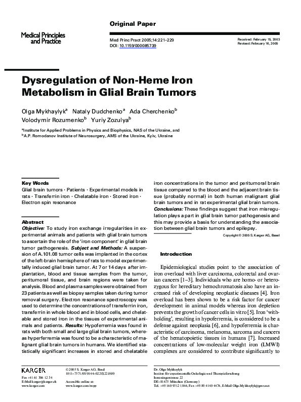 (PDF) Dysregulation of Non-Heme Iron Metabolism in Glial Brain Tumors
