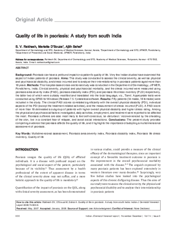 (PDF) Quality of life in psoriasis: A study from south India