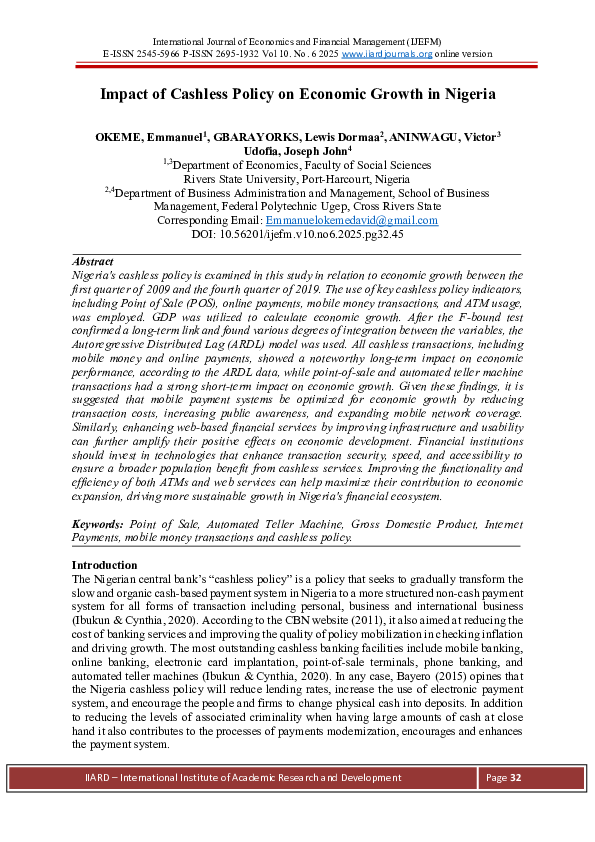 (PDF) Impact of Cashless Policy on Economic Growth in Nigeria