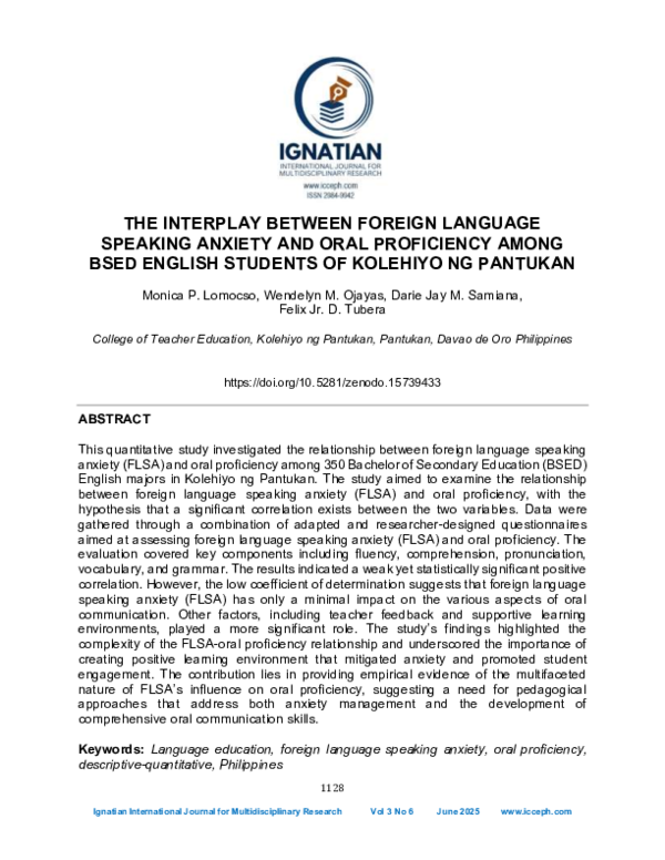 (PDF) THE INTERPLAY BETWEEN FOREIGN LANGUAGE SPEAKING ANXIETY AND ORAL ...
