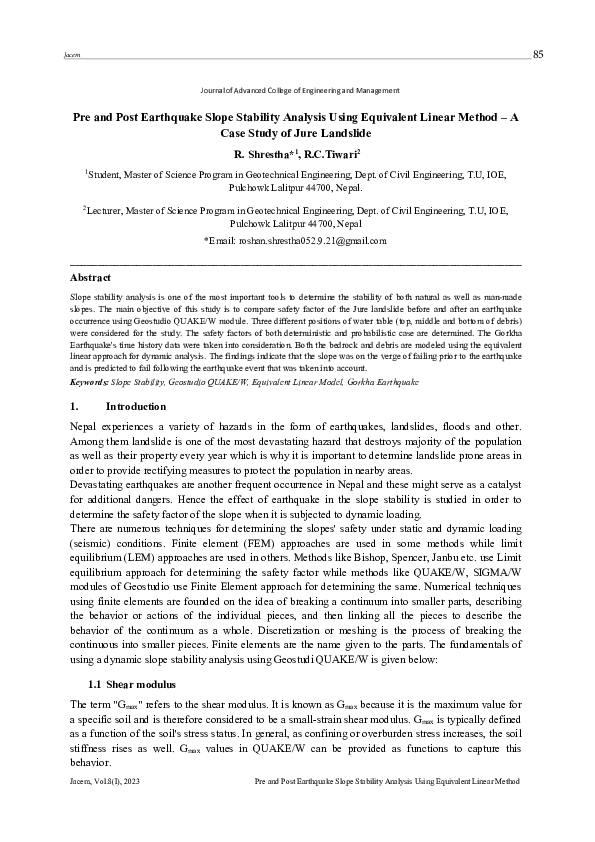 (PDF) Pre and Post Earthquake Slope Stability Analysis Using Equivalent ...