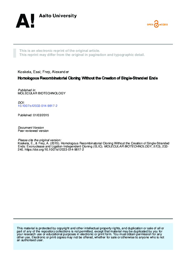 (PDF) Homologous Recombinatorial Cloning Without the Creation of Single ...