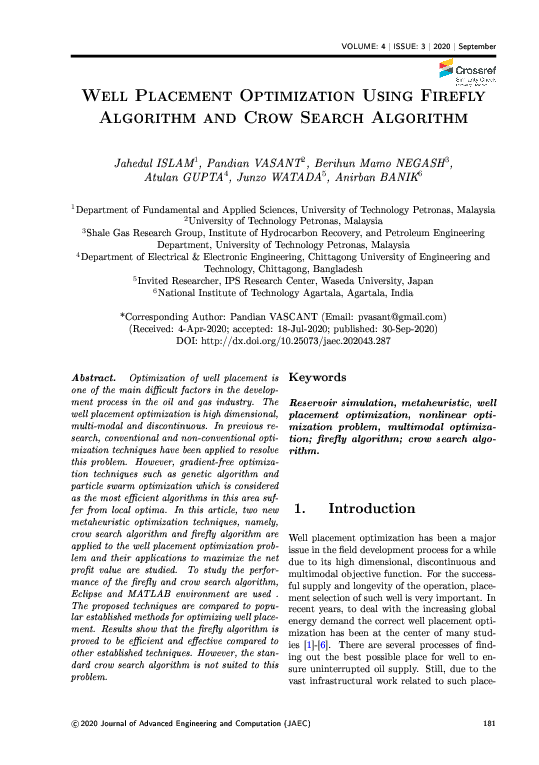 (PDF) Well Placement Optimization Using Firefly Algorithm and Crow ...