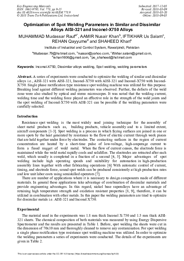 (PDF) Optimization of Spot Welding Parameters in Similar and Dissimilar ...