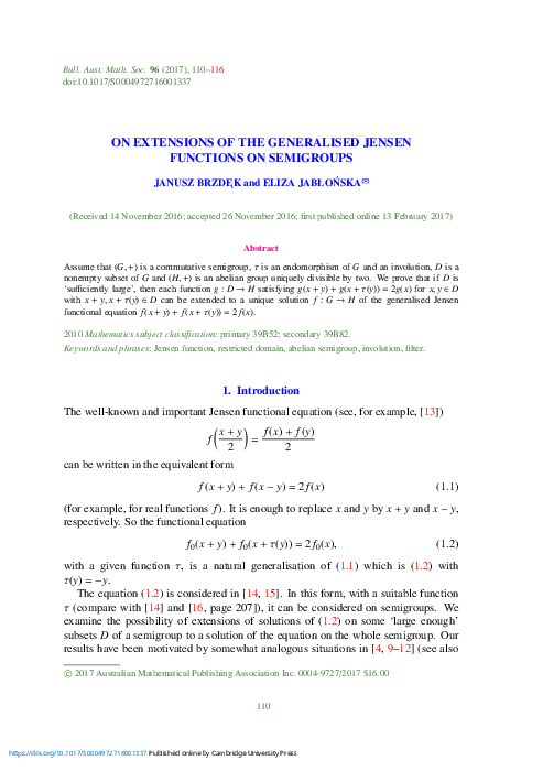 (PDF) On Extensions of the Generalised Jensen Functions on Semigroups