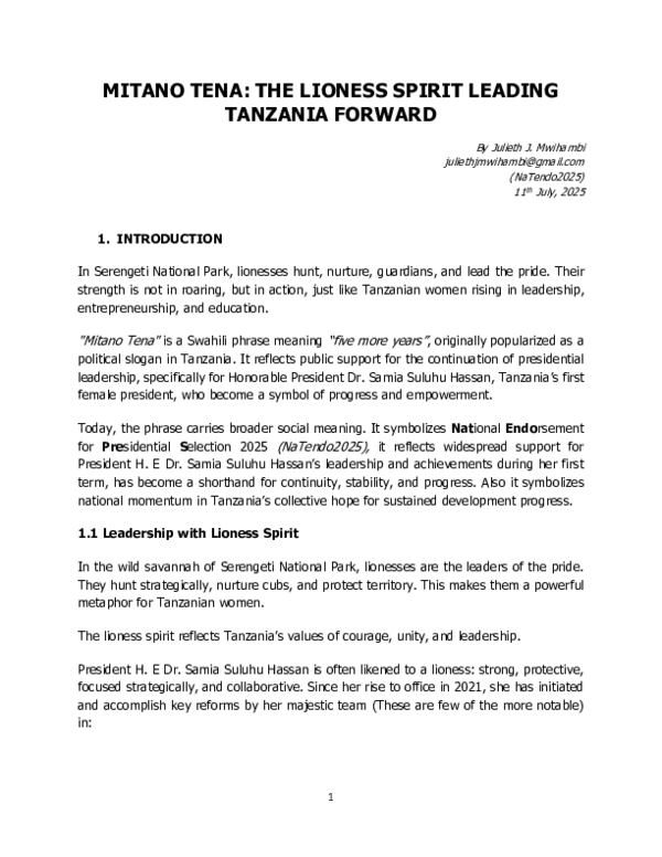 (PDF) MITANO TENA: THE LIONESS SPIRIT LEADING TANZANIA FORWARD