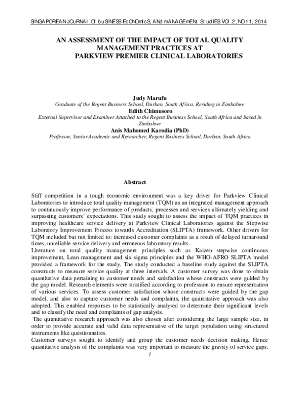 (PDF) An Assessment of the Impact of Total Quality Management Practices ...