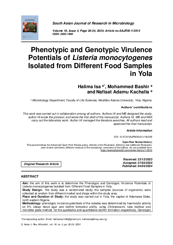 (PDF) Phenotypic and Genotypic Virulence Potentials of Listeria ...