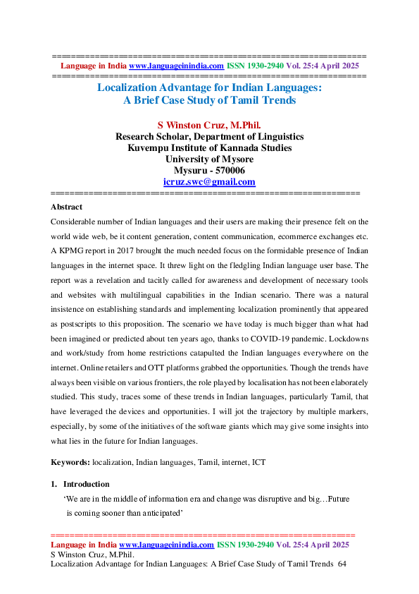 (PDF) Localization Advantage for Indian Languages: A Brief Case Study ...
