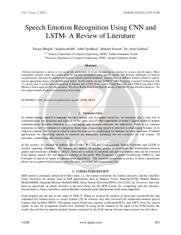 (PDF) Speech Emotion Recognition Using CNN and LSTM- A Review of Literature