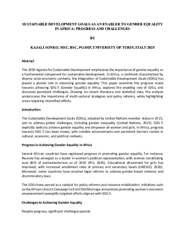 (PDF) SUSTAINABLE DEVELOPMENT GOALS AS AN ENABLER TO GENDER EQUALITY IN ...