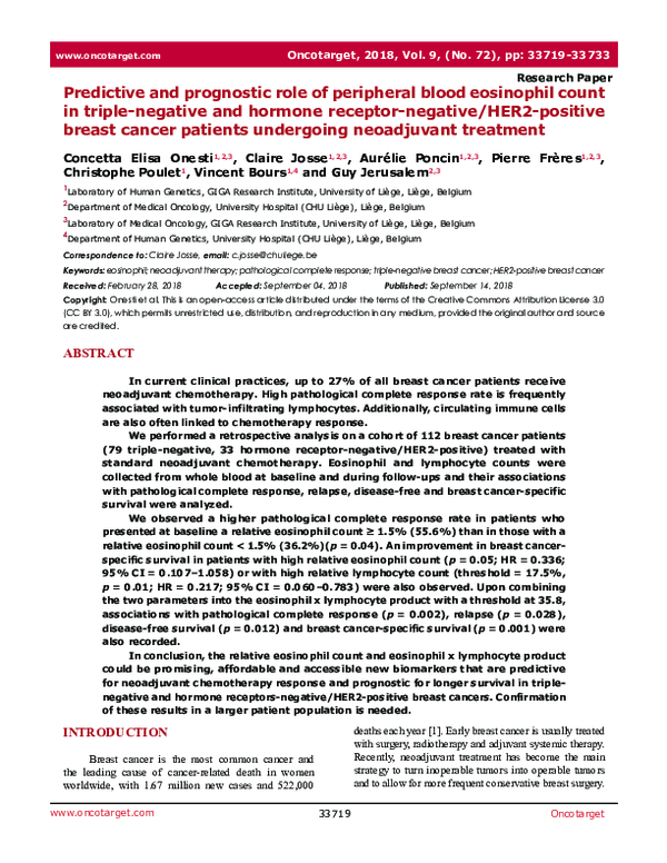 (PDF) Predictive and prognostic role of peripheral blood eosinophil ...