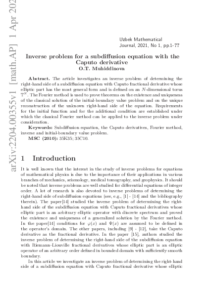 (PDF) Inverse problem for a subdiffusion equation with the Caputo ...