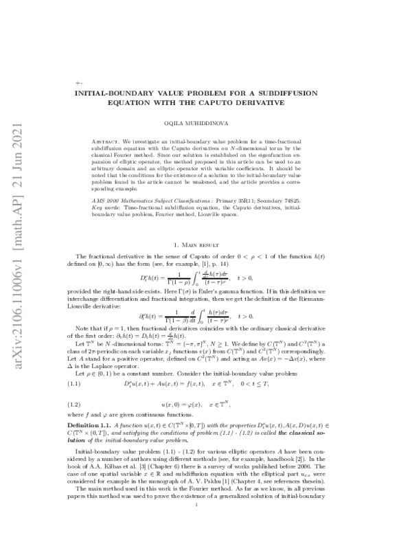 (PDF) Initial-Boundary Value Problem for a Subdiffusion Equation with ...