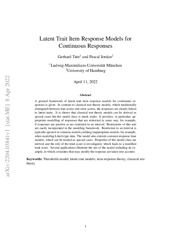 (PDF) Latent Trait Item Response Models for Continuous Responses