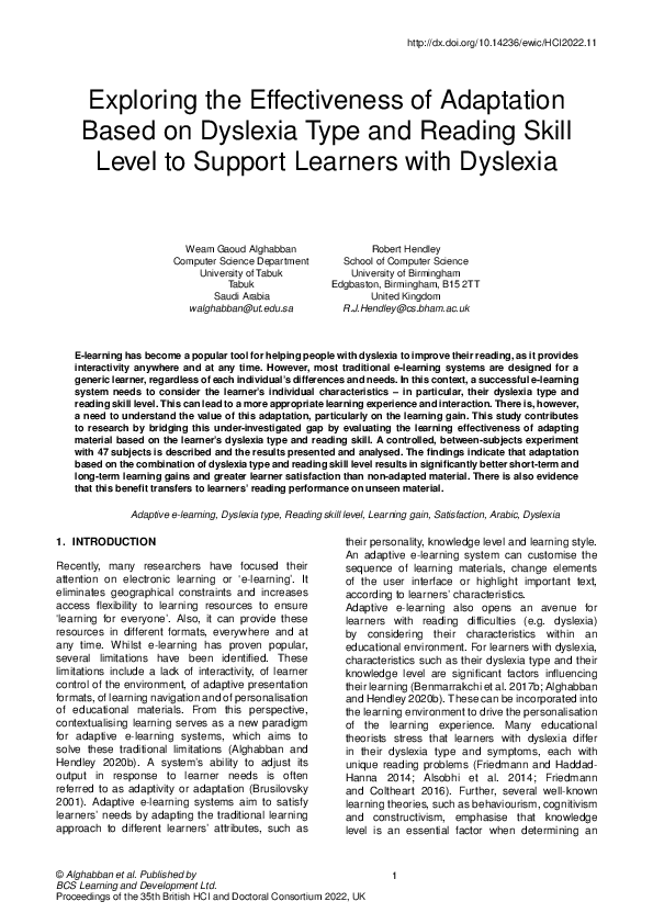 (PDF) Exploring the Effectiveness of Adaptation Based on Dyslexia Type ...