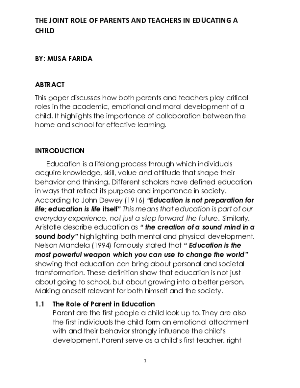 (PDF) THE JOINT ROLE OF PARENTS AND TEACHERS IN EDUCATING A CHILD