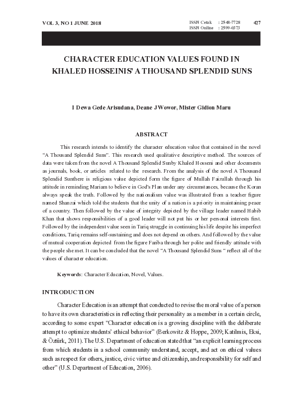 (PDF) Character Education Values Found in Khaled Hosseinis’ A Thousand ...