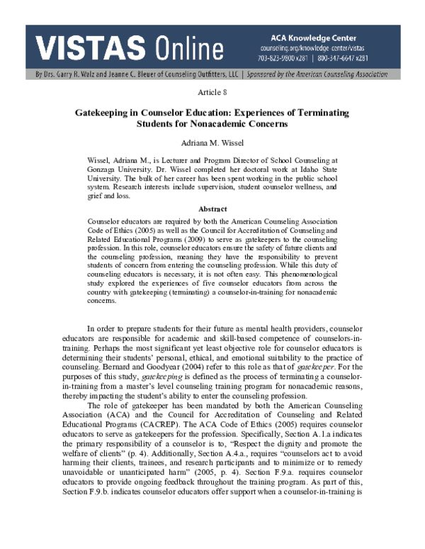 (PDF) Gatekeeping in counselor education : experiences of terminating ...