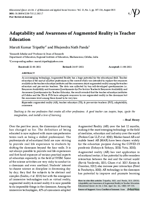 (PDF) Adaptability and Awareness of Augmented Reality in Teacher Education