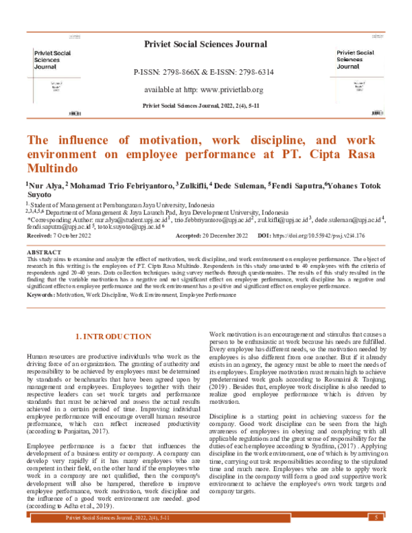 (PDF) The influence of motivation, work discipline, and work ...