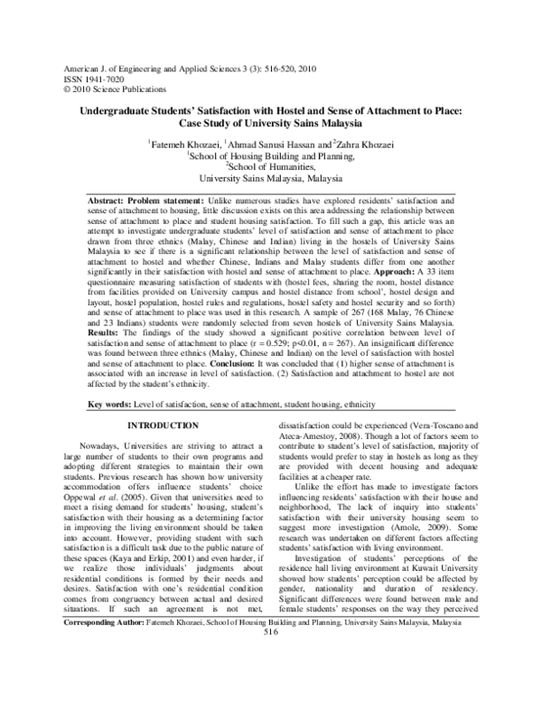 (PDF) Undergraduate Students’ Satisfaction with Hostel and Sense of ...
