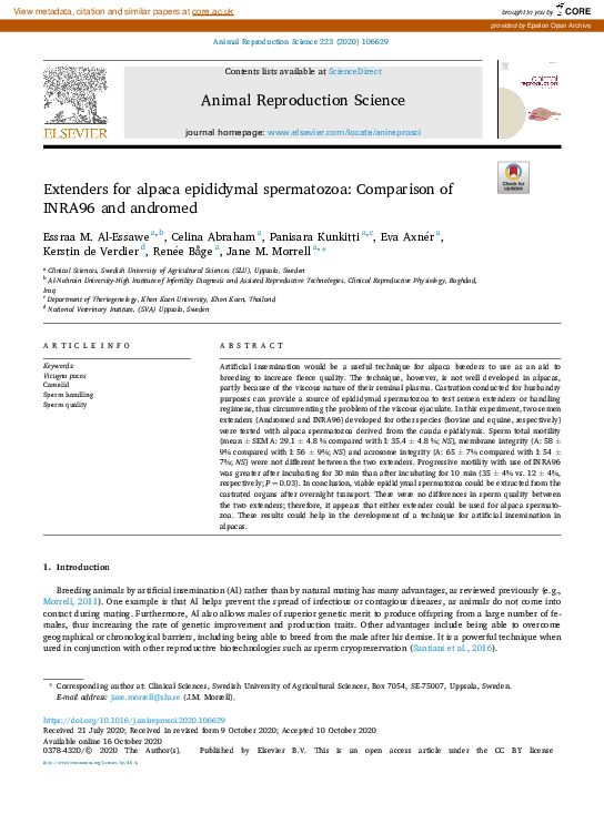 (PDF) Extenders for alpaca epididymal spermatozoa: Comparison of INRA96 ...