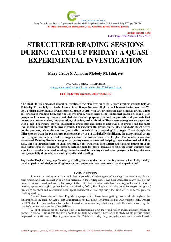 (PDF) STRUCTURED READING SESSIONS DURING CATCH-UP FRIDAY: A QUASI ...