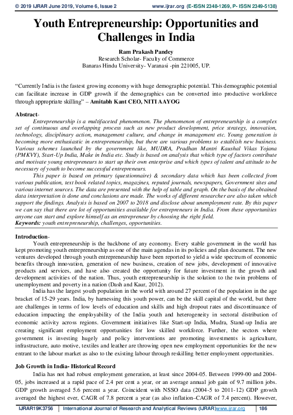 (PDF) Youth Entrepreneurship: Opportunities and Challenges in India