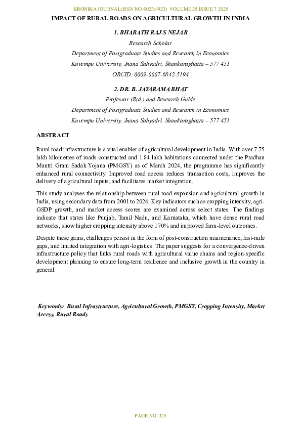 (PDF) IMPACT OF RURAL ROADS ON AGRICULTURAL GROWTH IN INDIA
