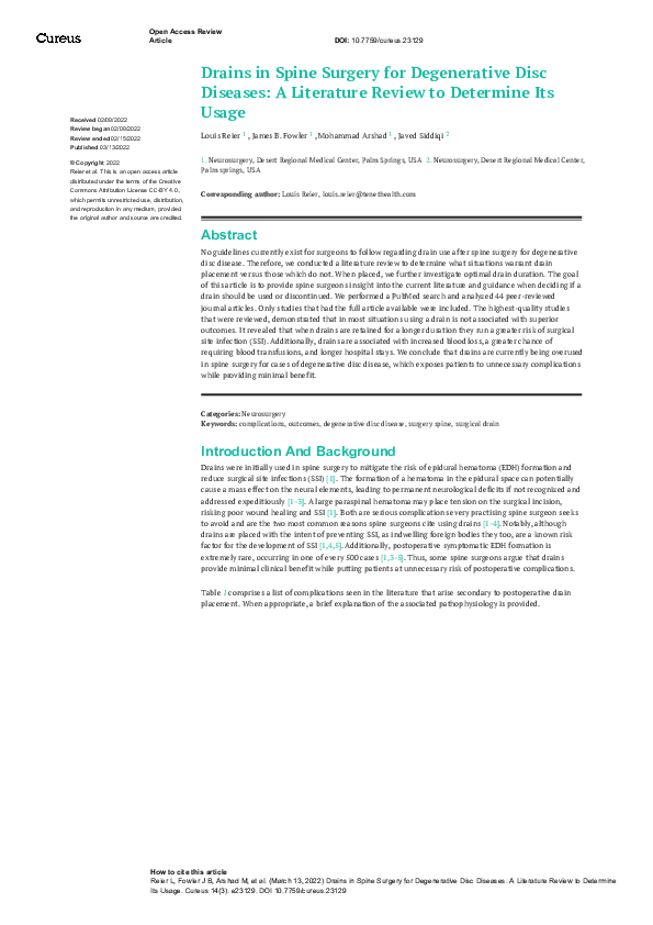 (PDF) Drains in Spine Surgery for Degenerative Disc Diseases: A ...