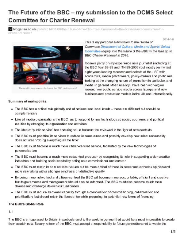 (PDF) The Future of the BBC – my submission to the DCMS Select ...