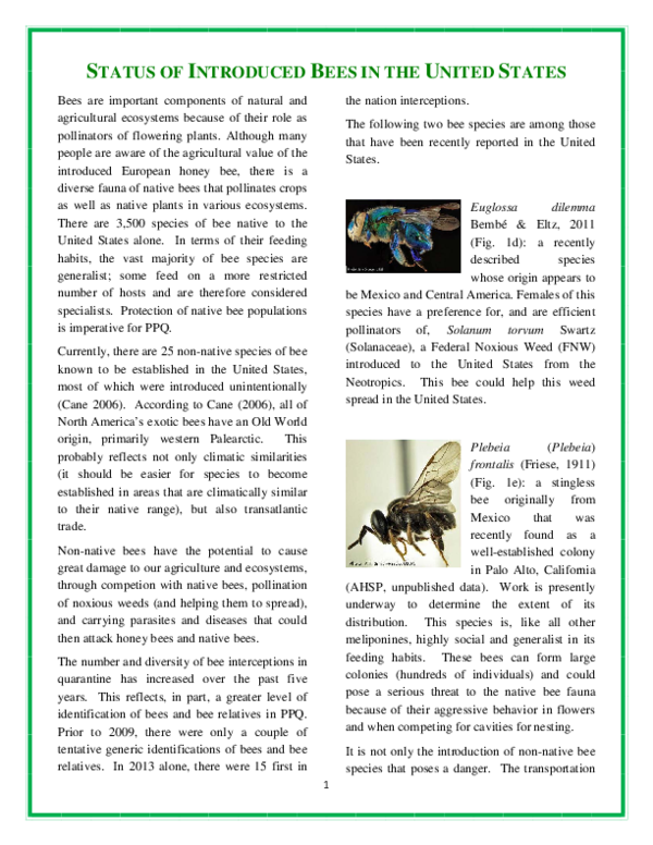 (PDF) Status of intoduced bees in the US